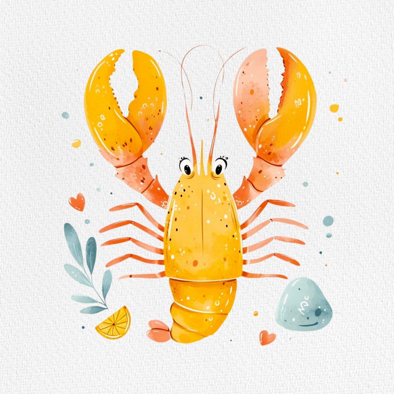 Peut inclure: Illustration &agrave; l'aquarelle d'un homard de dessin anim&eacute; aux tons jaune et orange. Le homard a de grandes pinces, un corps segment&eacute; et de fines antennes. Des &eacute;l&eacute;ments d&eacute;coratifs incluent des c&oelig;urs, des feuilles et une tranche de citron.