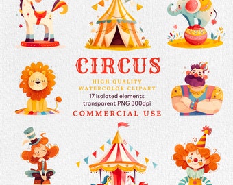 Watercolor Circus Clipart: Carnival Animals, Tent, Jokers (PNG)