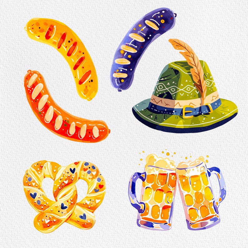 May include: A set of Oktoberfest themed illustrations featuring a pretzel, two mugs of beer, two sausages, a traditional Bavarian hat, and a sausage with a blue and white pattern.