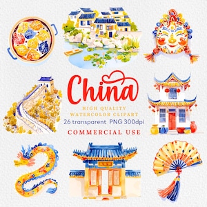 Pacchetto di clipart con acquerelli della Cina, clipart PNG della Cina, clipart cinesi, clipart asiatiche, stampe di clipart acquerellate della Cina, uso commerciale.