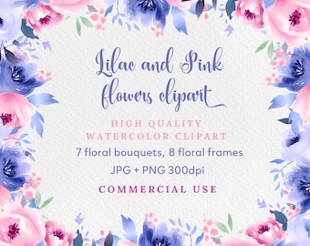 Watercolor Floral Clipart: Lilac and Pink Flower Bouquets (PNG, JPG)
