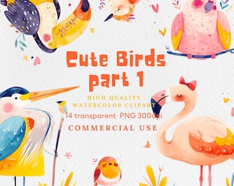 Bird Clipart Bundle PNG Images of Birds for Digital Scrapbooking, Card Making, Instant Download of Bird Clipart, Watercolor Cute Birds PNG.