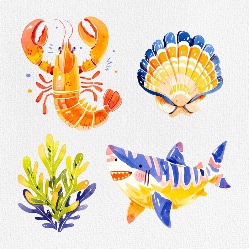 Pu&ograve; includere: Un'illustrazione ad acquerello di un'aragosta, una conchiglia, uno squalo e alghe. L'aragosta &egrave; arancione e rossa, la conchiglia &egrave; blu e gialla, lo squalo &egrave; blu e giallo e le alghe sono verdi.