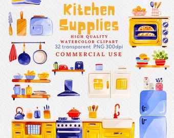 Watercolor Kitchen Clipart: Baking & Cooking PNG (Digital Download)