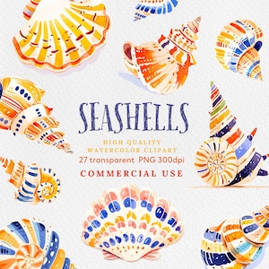 Watercolor Seashells Clipart - Nautical Watercolor Clip Art - Ocean Shells, Starfish, Conch, Seaweed, Instant Download Digital PNG, Shells