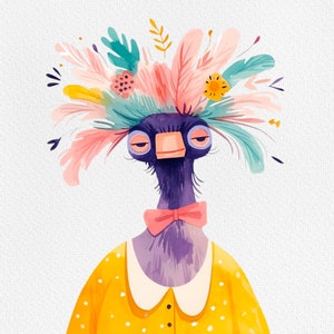 May include: A purple and blue bird with a yellow polka dot dress and a pink bow tie. The bird has a colorful feather crown with pink, blue, and green feathers.