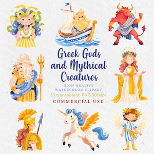 Griechische Götter und Mythische Geschöpfe Aquarell Clipart Sammlung, Griechische Mythologie Clipart Bundle, Göttinnen und Helden, kommerzielle Nutzung.