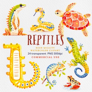 Imágenes prediseñadas de reptiles de acuarela, camaleón, lagarto, serpiente, tortuga, iguana, ilustración animal, descarga instantánea para uso comercial.
