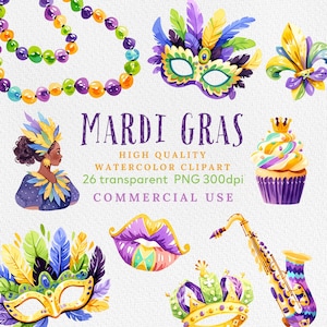 Watercolor Mardi Gras Collection Clipart of 26 PNG,Fleur De Lis Clipart, Beads Necklace, Fat Tuesday PNG, New Orleans Clipart,Commercial Use
