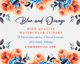 Watercolor Orange & Navy Floral Clipart: PNG Flower Set (Digital Download)