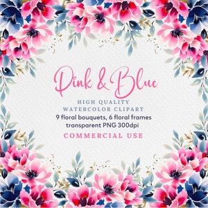 Blush rosa & marineblau Blumen Clipart Rahmen Frühlingskranz Rahmen Vorlage PNG Floral Clip Art, Hellrosa Blume PNG, Aquarell Blumen.