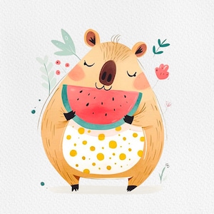 May include: A cartoon illustration of a brown and yellow animal holding a slice of watermelon. The animal has a pink nose and closed eyes. The background is a light beige with green and pink flowers.