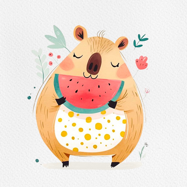 May include: A cartoon illustration of a brown and yellow animal holding a slice of watermelon. The animal has a pink nose and closed eyes. The background is a light beige with green and pink flowers.