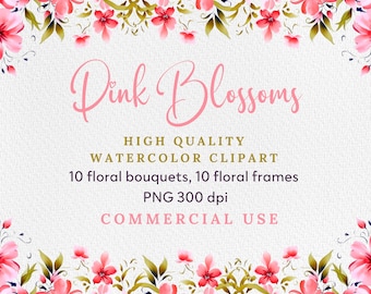 Watercolor Pink Flower Clipart: Floral Bouquets & Frames (PNG)