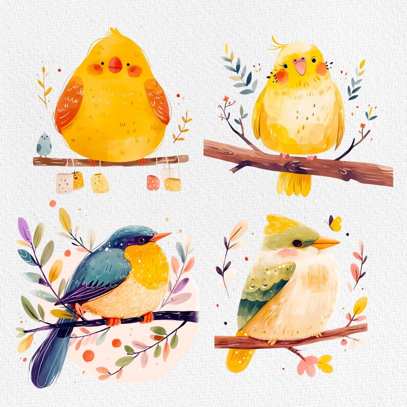 May include: A digital illustration of four birds. A yellow bird with a red beak, a yellow bird with a black beak, a blue and yellow bird, and a yellow and green bird. The birds are all perched on branches with leaves and flowers.