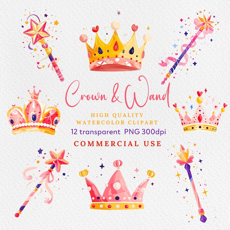 Watercolor Crown and Wand Clipart: Pink & Gold Royalty PNG (digital ...