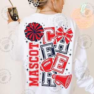May include: A white long-sleeve sweatshirt featuring a large graphic on the back with the word CHEER in bold block letters, the word MASCOT, a red and blue pom-pom, a red hair bow, a red football, and a red megaphone, all accented with small stars.