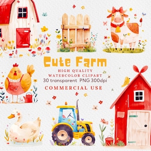Cute Farm Clipart, Farm Animals Watercolor Digital Clipart, Farm Animals PNG, Barn clipart, tree, cow, sheep, flowers, nursery clipart png.