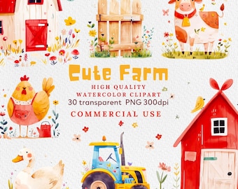 Cute Farm Clipart, Farm Animals Watercolor Digital Clipart, Farm Animals PNG, Barn clipart, tree, cow, sheep, flowers, nursery clipart png.