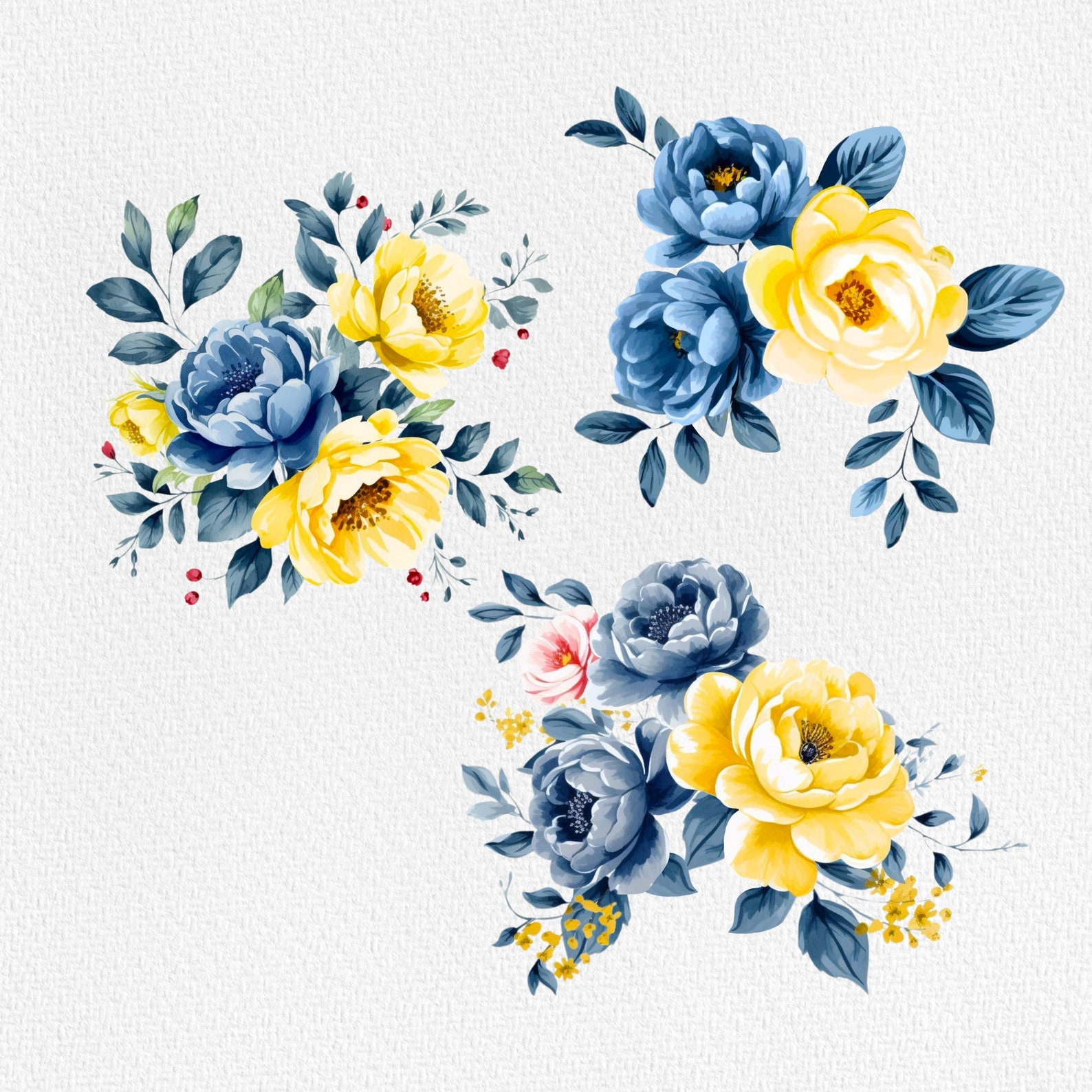 Watercolor Floral Clipart: Dusty Blue & Yellow Flowers (PNG) - Etsy