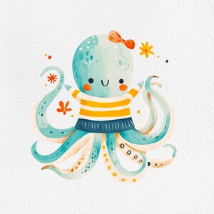 Peut inclure: Illustration &agrave; l'aquarelle d'une pieuvre amicale, bleu clair, v&ecirc;tue d'un pull ray&eacute; jaune et blanc et d'une jupe bleue. Elle porte un n&oelig;ud rouge, des joues oranges et est entour&eacute;e de fleurs et de points oranges.