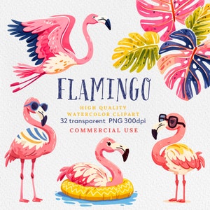 Watercolor Flamingo Clipart: Tropical Flower & Summer Animal (PNG Digital Download)