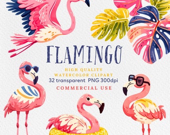 Aquarell Flamingo Clipart: Tropische Blume & Sommertier (PNG Digital Download)