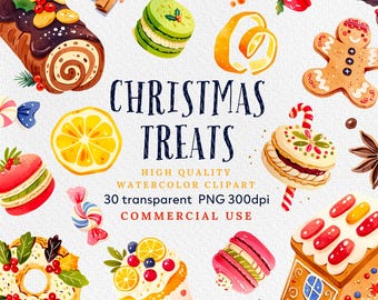Watercolor Christmas Treats Clipart: Candy, Cake, Cookies (Digital Download)