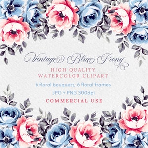 Blue Flowers, Pink Flowers, Watercolor Vintage, Blue Flower Clipart,  Wedding Clipart,  Floral Frame Clipart, Digital Wreath, Commercial Use