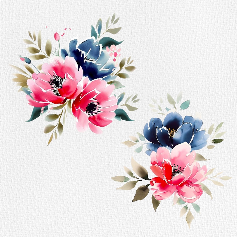 Blush Pink & Navy Blue Floral Clipart Frame Spring Wreath Border ...
