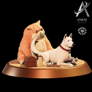 May include: A hand-painted figurine set featuring a white dog and an orange owl. The dog is sitting with its head turned to the side, while the owl is perched on a treasure chest. The set is displayed on a brown circular base.