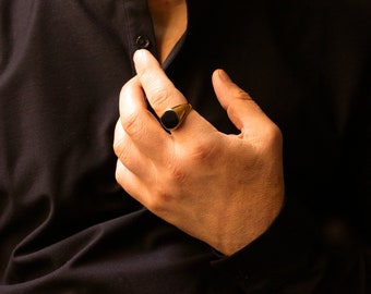 Gouden Signet Ring, Zwarte Steen RVS Vergulde Signet Ring, Modieuze Gouden Ring, Heren Dames Sieraden, Cadeau voor hem haar