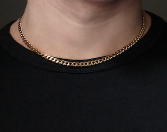 Golden Chain, Curb Style Stainless Steel Gold Plated Chain Necklace, 5mm Thick 45cm Long Curb Chocker Chain, Jewelry for Him Her