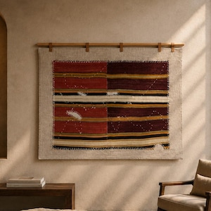 3x4 Vintage-Wandbehang aus türkischer Wolle, Stammeskunst im Wabi-Sabi-Stil, handgefertigte Boho-Wanddekoration
