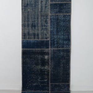 3x8 Vintage Patchwork Runner Rug, Blue Turkish Hallway Runner, Handwoven Wool Cotton Flatweave Decor