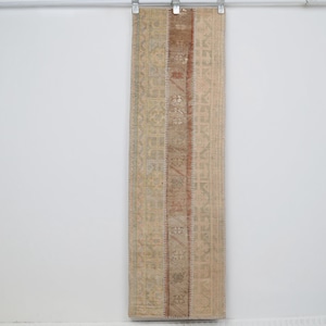 May include: A long, rectangular runner rug featuring a faded, multi-toned beige and tan color palette. The surface displays a central vertical panel with intricate geometric patterns and floral motifs, flanked by side borders with repeating linear designs.