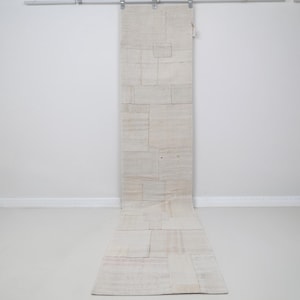 Vintage Turkish Hemp Patchwork Runner Rug, Handmade Ivory Neutral Hallway Runner, Long Minimalist Kitchen Rug