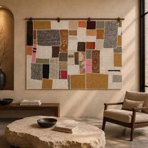 May include: A large rectangular wall tapestry featuring a patchwork design of various fabric rectangles in shades of mustard yellow, charcoal gray, cream, burnt orange, pink, and brown, suspended from a dark brown horizontal wooden rod.