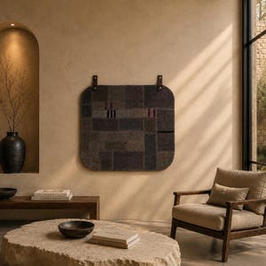 May include: A rectangular dark gray wall hanging with a geometric patchwork pattern, suspended by two brown leather straps with metal buckles. The textile features subtle variations in tone and texture, creating a structured grid-like appearance.