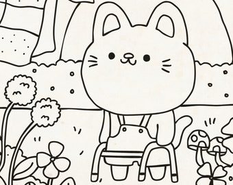 Cute Cat Coloring Page for Adults - Simple and Kawaii Coloring Sheet - Printable Colouring Book for Relaxing at Home - Self Care Activity