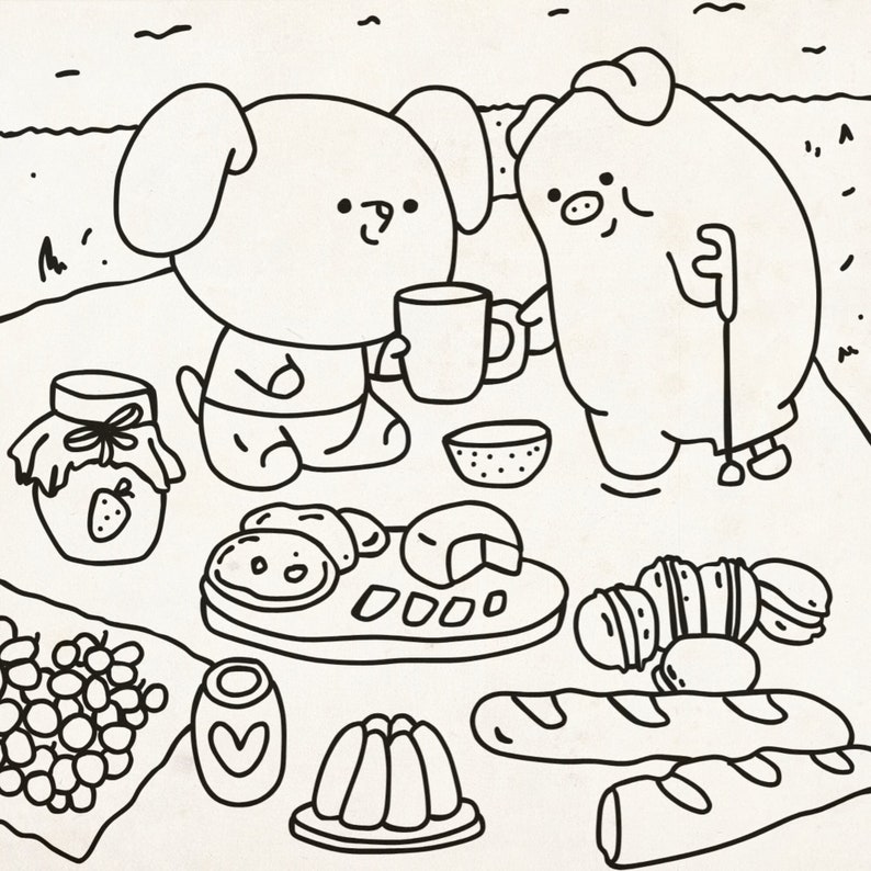 Cute Animals Simple Coloring Page for Teens and Adults - Printable or Digital Colouring Sheet with Cozy and Aesthetic Vibes image 1