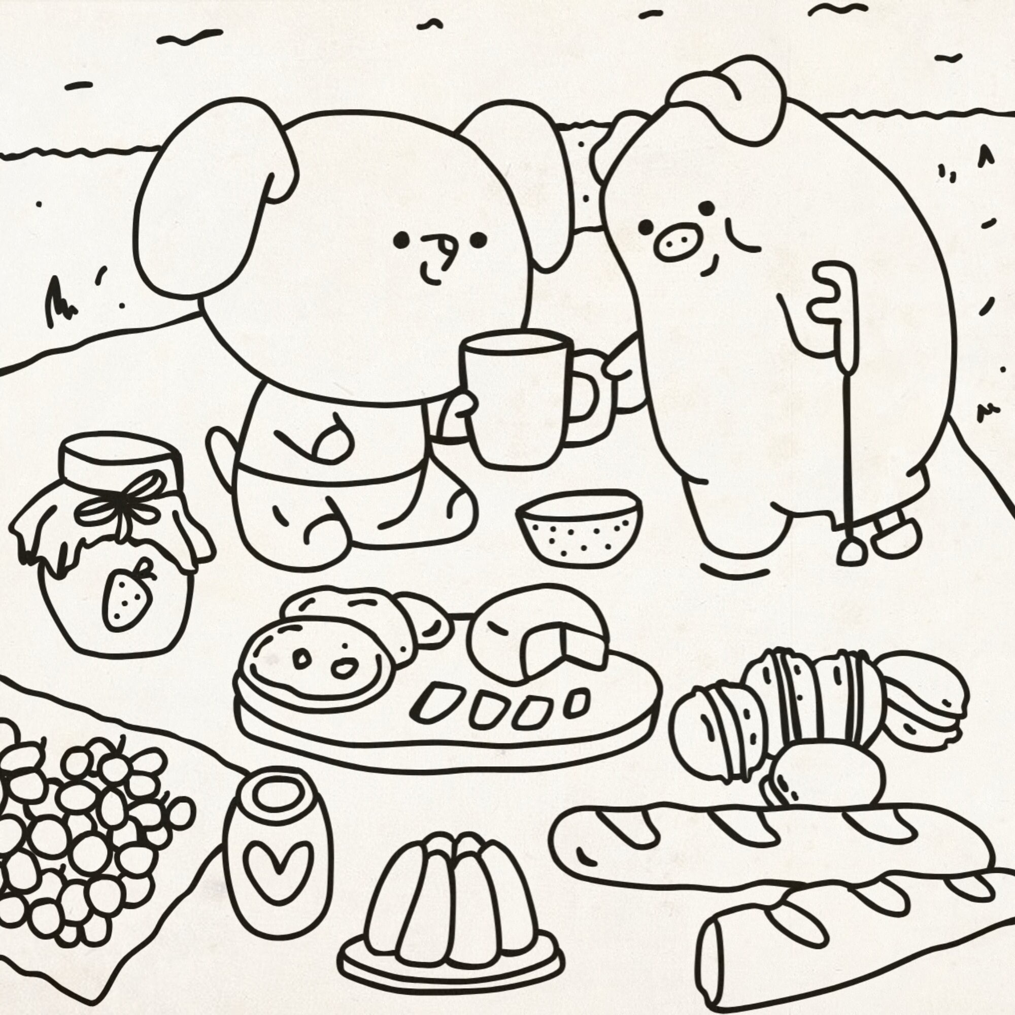 Cute Animals Simple Coloring Page for Teens and Adults - Printable or Digital Colouring Sheet with Cozy and Aesthetic Vibes