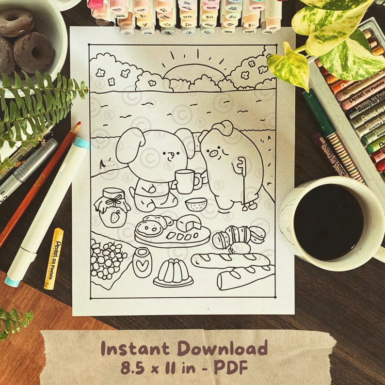 Cute Animals Simple Coloring Page for Teens and Adults - Printable or Digital Colouring Sheet with Cozy and Aesthetic Vibes image 2