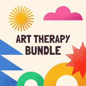 May include: A graphic design featuring the text ART THERAPY BUNDLE in dark brown letters. The background is cream-colored and decorated with a yellow sun, a pink cloud, a blue triangle, a green semi-circle, and a red star-shaped burst.