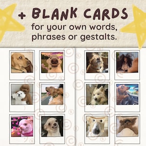 Pu&ograve; includere: Un set di biglietti vuoti con foto di cani in cornici in stile polaroid. Il testo in alto recita "+ BLANK CARDS for your own words, phrases or gestalts." Lo sfondo &egrave; beige chiaro con accenti di stelle gialle.