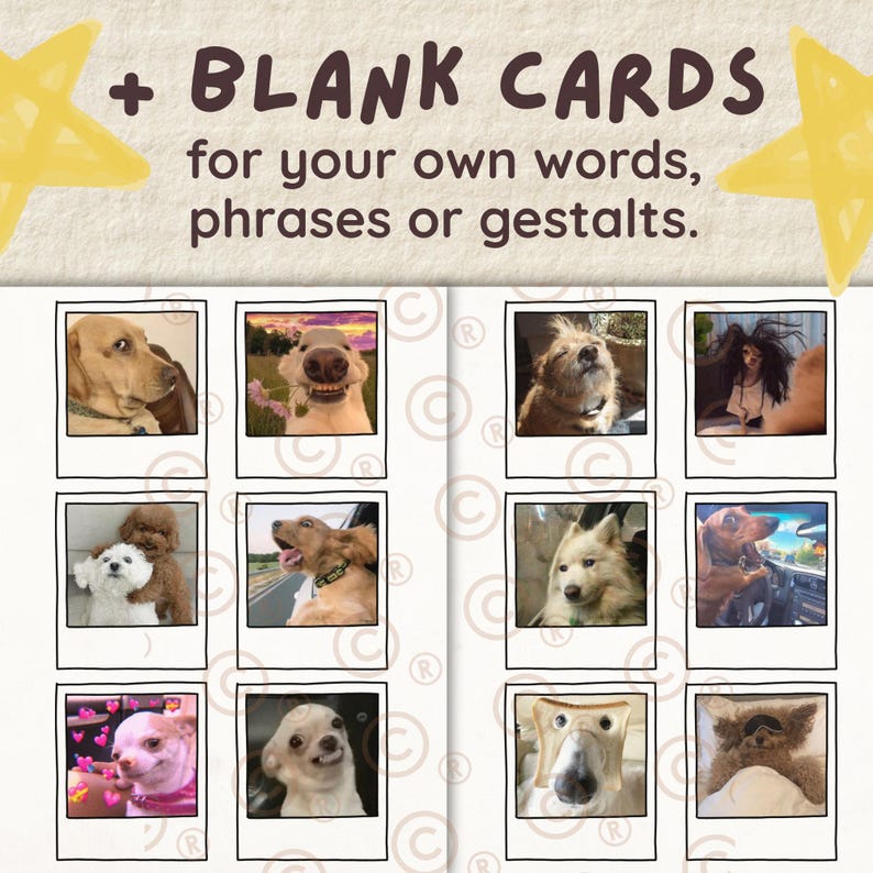 Pu&ograve; includere: Un set di biglietti vuoti con foto di cani in cornici in stile polaroid. Il testo in alto recita "+ BLANK CARDS for your own words, phrases or gestalts." Lo sfondo &egrave; beige chiaro con accenti di stelle gialle.
