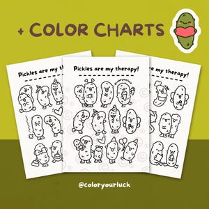 K&ouml;nnte beinhalten: Drei druckbare Malvorlagen mit niedlichen Gurkenillustrationen und dem Text "Gurken sind meine Therapie!" sowie dem Social-Media-Handle "@coloryourluck".