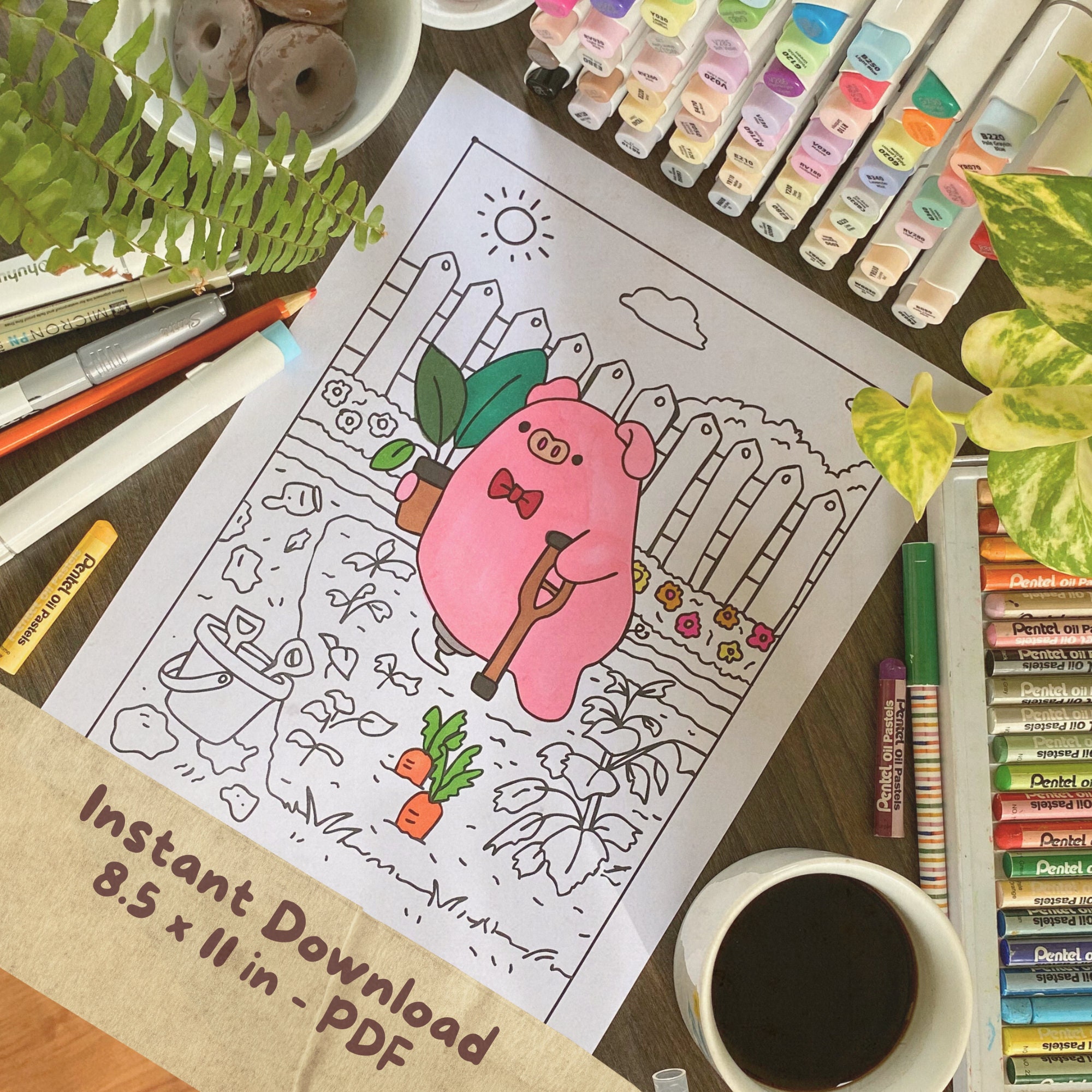 Cute Pig Coloring Page for Teens and Adults Kawaii Coloring Sheet With