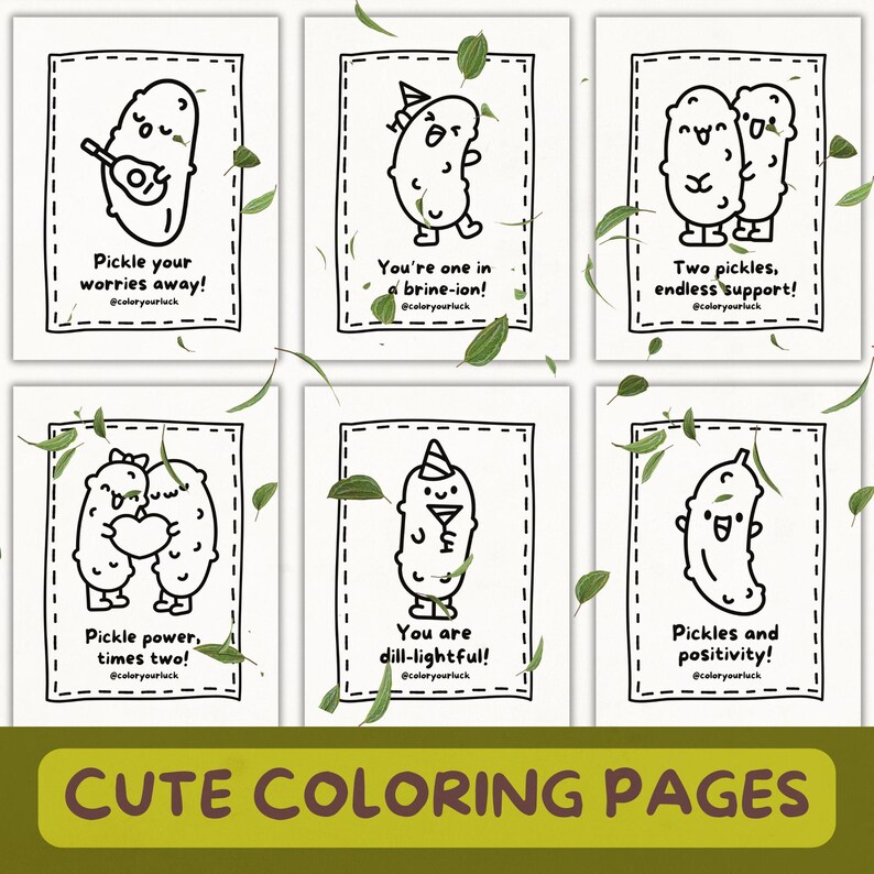 K&ouml;nnte beinhalten: Sechs Schwarzwei&szlig;-Malvorlagen mit niedlichen Gurkenillustrationen und Wortspielen. Die Seiten enthalten S&auml;tze wie "Pickle your worries away!" und "You are dill-lightful!"