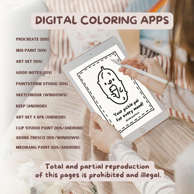 K&ouml;nnte beinhalten: Eine digitale Zeichen-App auf einem Tablet mit einem Stift. Die Zeichnung zeigt eine Gurke mit einem Gesicht und dem Text "Your pickle pal for every mood!"  @coloryourluck. Der Text "Total and partial reproduction of this pages is prohibited and illegal." befindet sich am unteren Rand des Bildes.